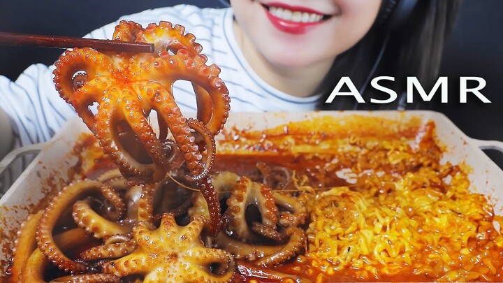 ASMR EATING SPICY CHEESY NOODLES WITH OCTOPUS EATING SOUNDS | LINH-ASMR mukbang 먹방