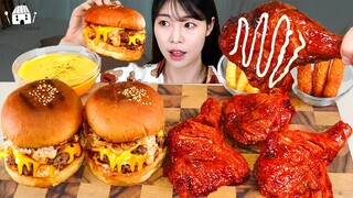 ASMR MUKBANG| 직접 만든 햄버거 양념치킨 치즈스틱 먹방 & 레시피 FRIED CHICKEN AND HAMBURGER EATING