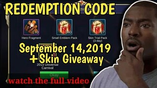 Redemption Code in Mobile Legends | September 14,2019 + 300 Skin Giveaway