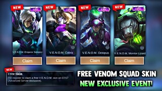 EXCLUSIVE EVENT! FREE VENOM AND SABER SKIN SQUAD! NEW EVENT (CLAIM SKIN!) | MOBILE LEGENDS 2022