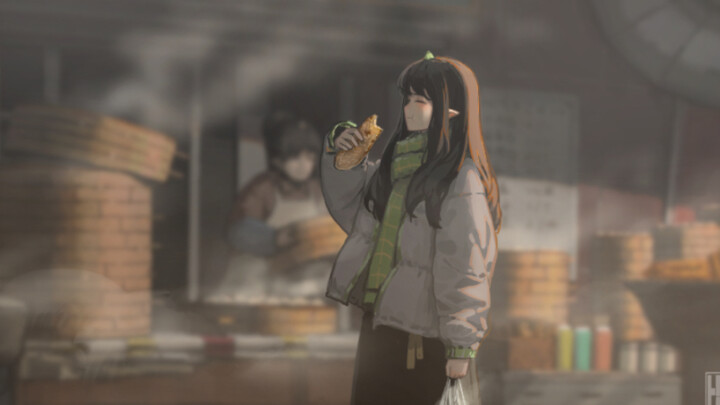A girl eating pancakes outside the breakfast shop - Yunxi