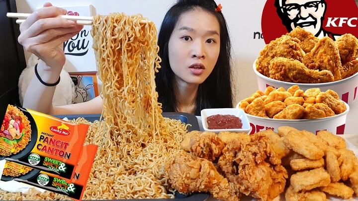 Filipino Noodles!! Sweet & Spicy Pancit Canton & KFC Crispy Fried Chicken | Mukbang w/ Eating Sounds