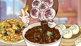 [Homemade animation] Funny eating broadcast of delicious fried noodles and sweet and sour pork