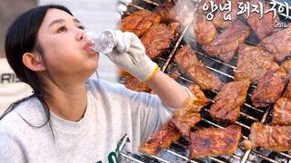 Real Mukbang:) Korean BBQ & Soju party in the yard! The romance of a country house...