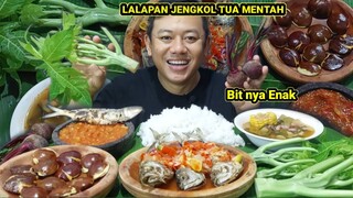 MUKBANG MAKAN LALAPAN BATANG PEPAYA MENTAH + JENGKOL TUA MENTAH + IKAN ASIN + PECAK IKAN SAYUR ASEM