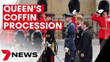 Princes Harry and William march behind the Queen's coffin | 7NEWS