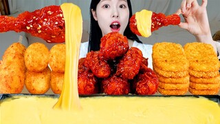 ASMR MUKBANG| 직접 만든 불닭 양념치킨 치즈 퐁듀 먹방 & 레시피 FRIED CHICKEN AND CHEESE EATING