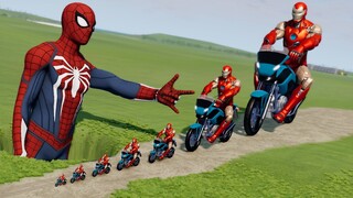 Big & Small Iron Man on Motorcycle vs Spider-Man Obstacles | BeamNG.Drive