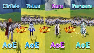 Faruzan vs Yelan vs Childe vs Kujou sara! which one is the best AoE?? Gameplay COMPARISON!