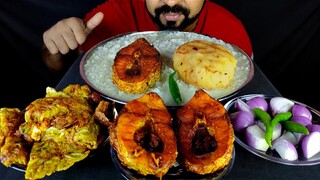 WATER RICE, BIG FISH FRY, EGG OMELETTE, MASHED POTATO, GREEN CHILI AND ONION ASMR MUKBANG EATING |