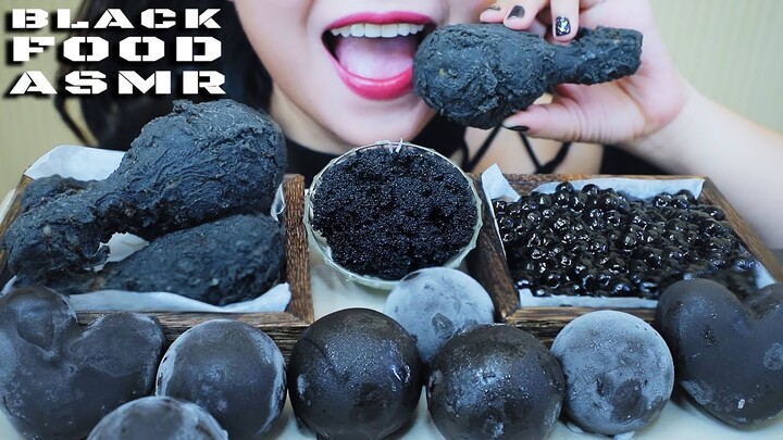 ASMR BLACK FOOD ICE CREAM BALL FRIED CHICKEN TAPIOCA PEARLS EBIKO EGGS , EATING SOUNDS | LINH-ASMR