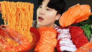 MUKBANG ASMR 집밥 새우 열라면 & 문어 연어 스테이크 초밥 먹방 KOREAN HOME FOOD EATING SOUND!! الأرز المنزل Nhà gạo