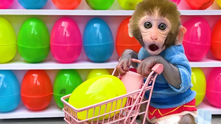 Monkey Baby Bon Bon กินลูกตาลเยลลี่กับลูกสุนัขและไปซูเปอร์มาร์เก็ตซื้อของเล่นที่มีไข่สีรุ้ง
