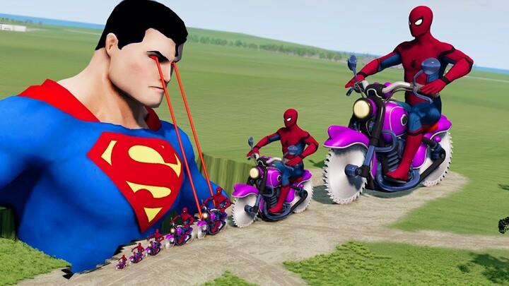 Big & Small Spider-Man on Motorcycle with Saw Wheels vs Superman | BeamNG.Drive