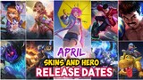 ALL UPCOMING APRIL NEW SKINS AND HERO RELEASE DATES  | ML UPDATES | MOBILE LEGENDS |