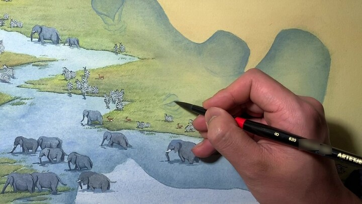 Follow the birds to look back at the grassland during the painting process of the inside page of "Rh