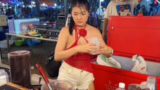 Cute Thai Girl Sells Chocolate Milk Drink At Night Market