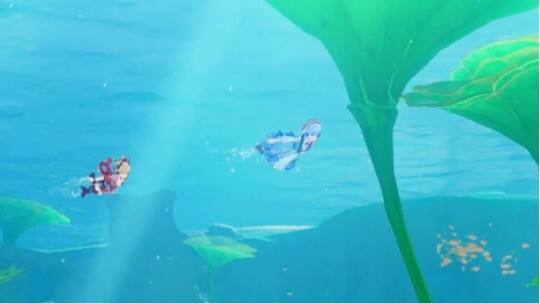 Yoimiya and Ayaka diving into underwater