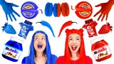 EATING ONLY ONE COLOR FOOD FOR 24 HOURS || Red VS Blue Food Challenge! Mukbang by 123 GO! FOOD