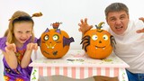 Nastya tries on Halloween costumes in the store with her dad