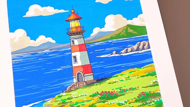 Acrylic marker hand-painted sea cliff lighthouse, let's draw together