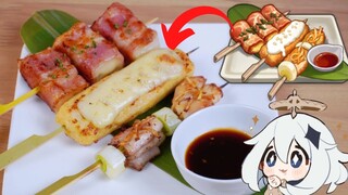 Genshin Impact: A Time of Bliss! "Tri-Flavored Skewer" with Beer!  Inazuma Food | 原神 稲妻料理 「串焼き三種」再現