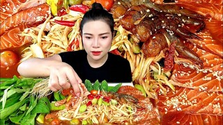 ตำถาดทะเลดอง กุ้งเเซลม่อนดองซดเผ็ดนัวร์เเกล้มผักสดรากซู|ส้มซ่าพาเเซ่บ