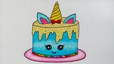 Menggambar kue ulang tahun unicorn || Cara mewarnai gradasi kue ulang tahun